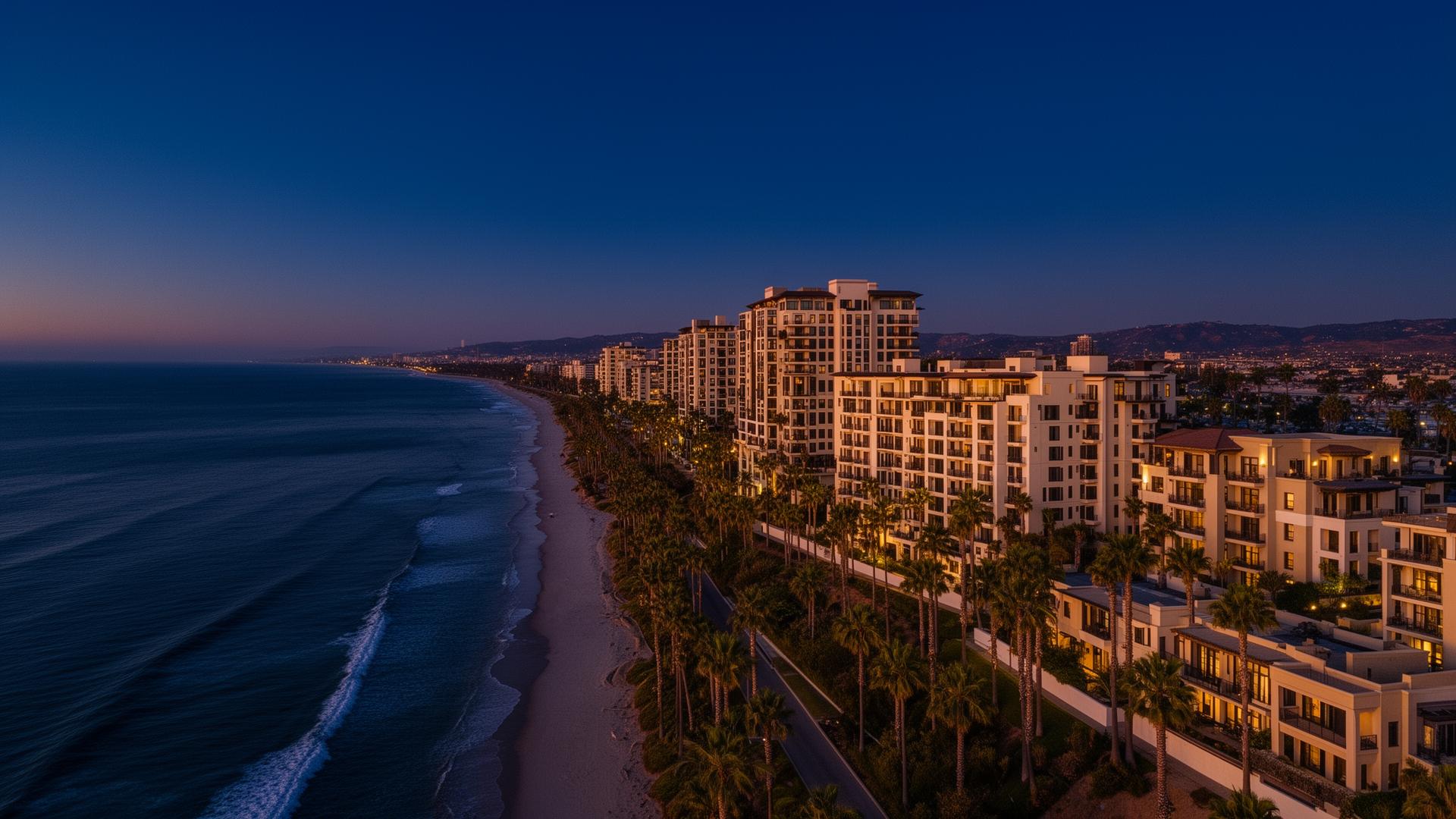 Orange County coastline at twilight with luxury multifamily buildings
